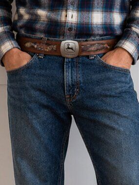 John Deere Brown Leather Belt Camo Inlay Embossed Panels | Size 34